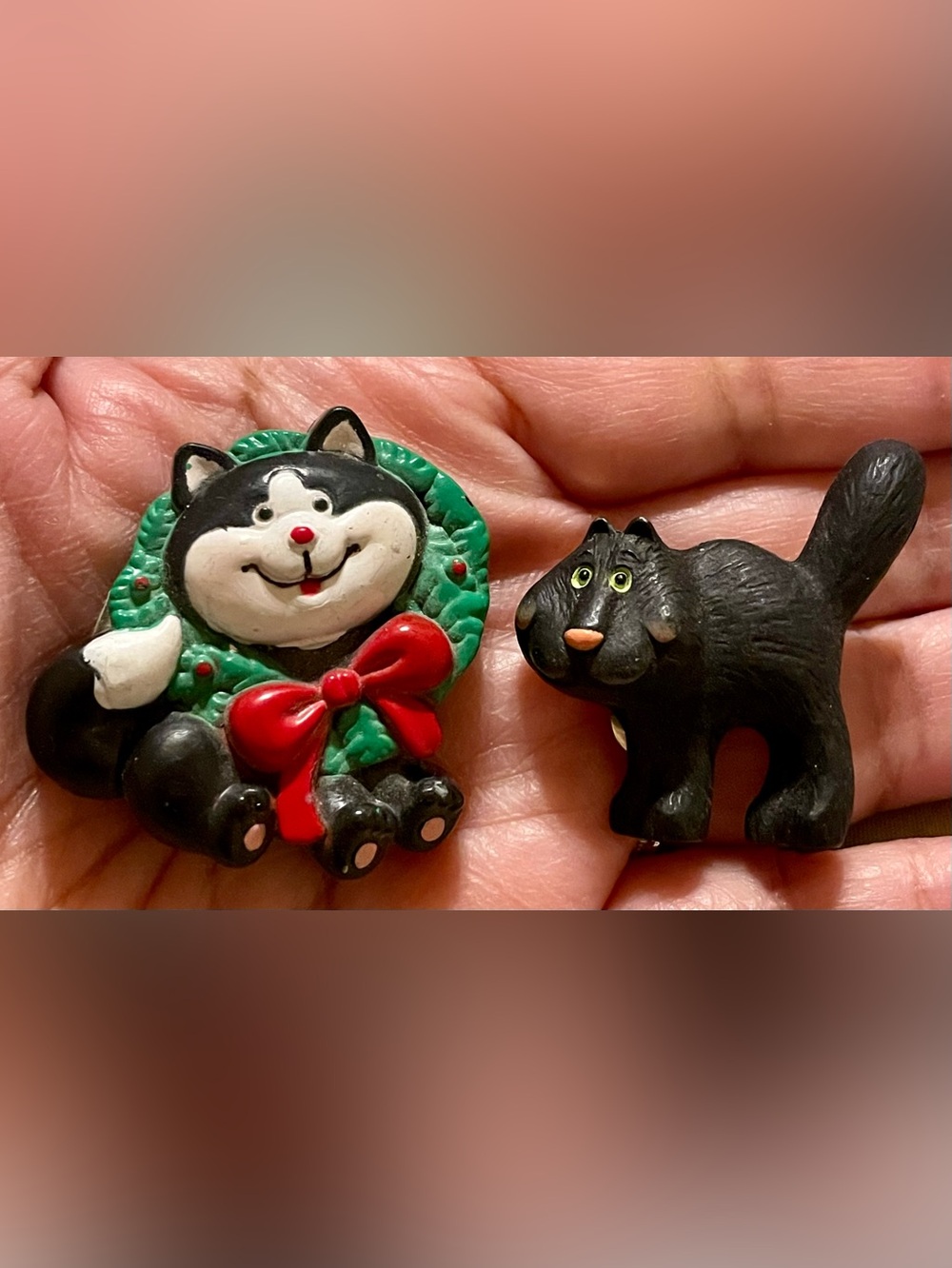 Russ Black Cat Holiday Pin Duo with Red Bow and Green Wreath